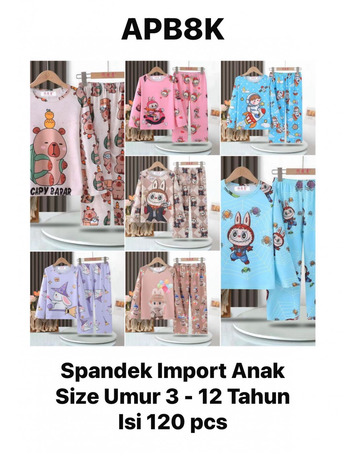 BAJU TIDUR ANAK SPANDEK IMPORT APB8K SIZE UMUR 3 - 12 TAHUN ISI 120 PCS