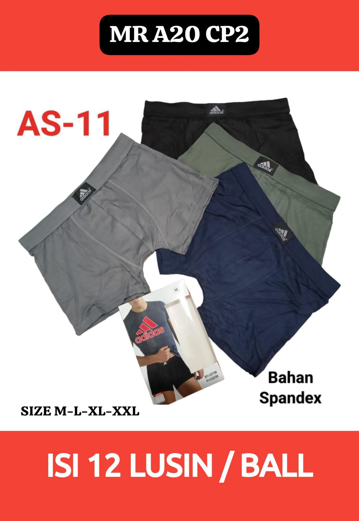 BOXER PRIA MR A20 CP2 SIZE M-L-XL-XXL BAHAN SPANDEK ISI 12 LUSIN