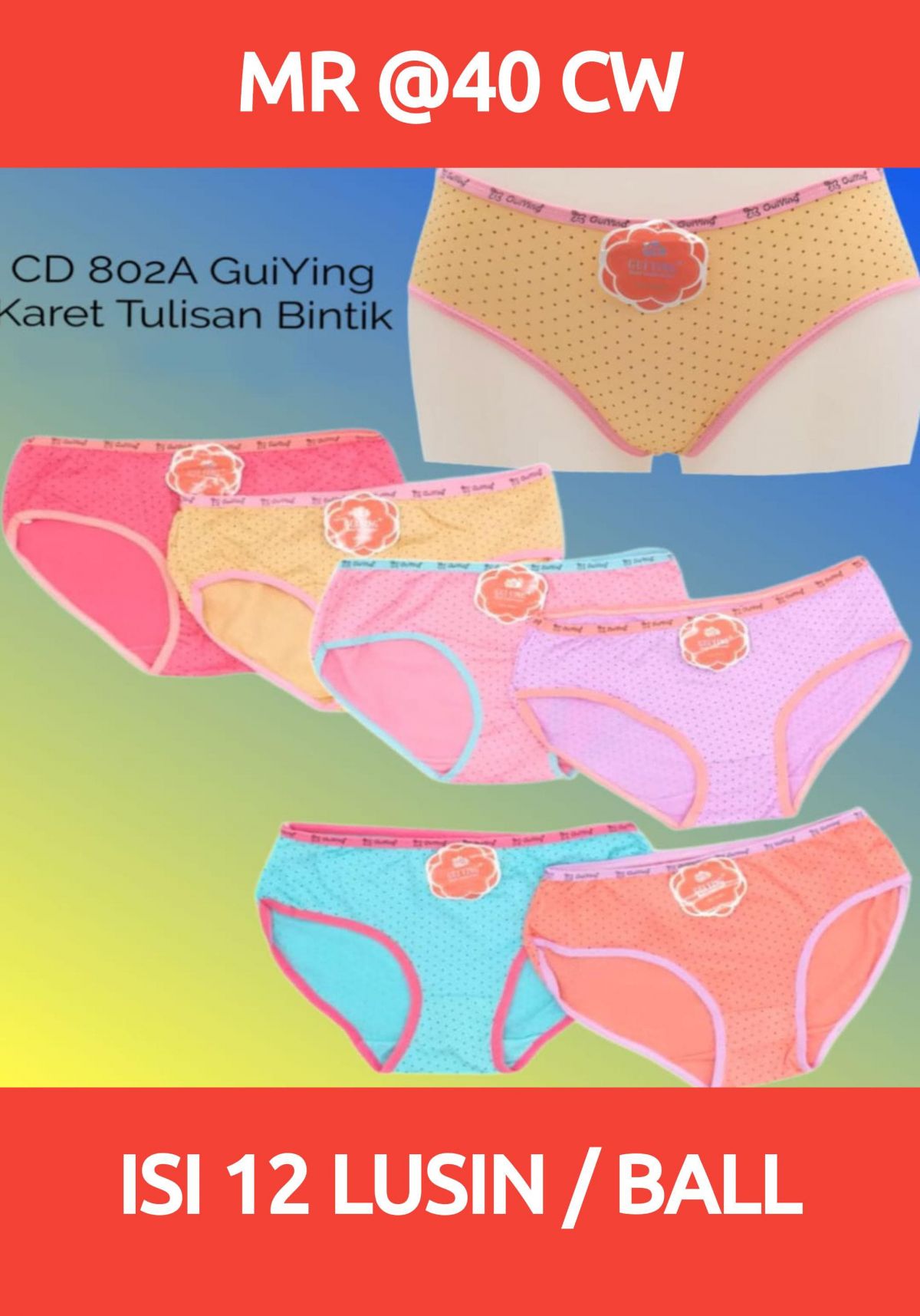 CELANA DALAM WANITA MR @40 CW KARET TULISAN BINTIK ISI 12 LUSIN