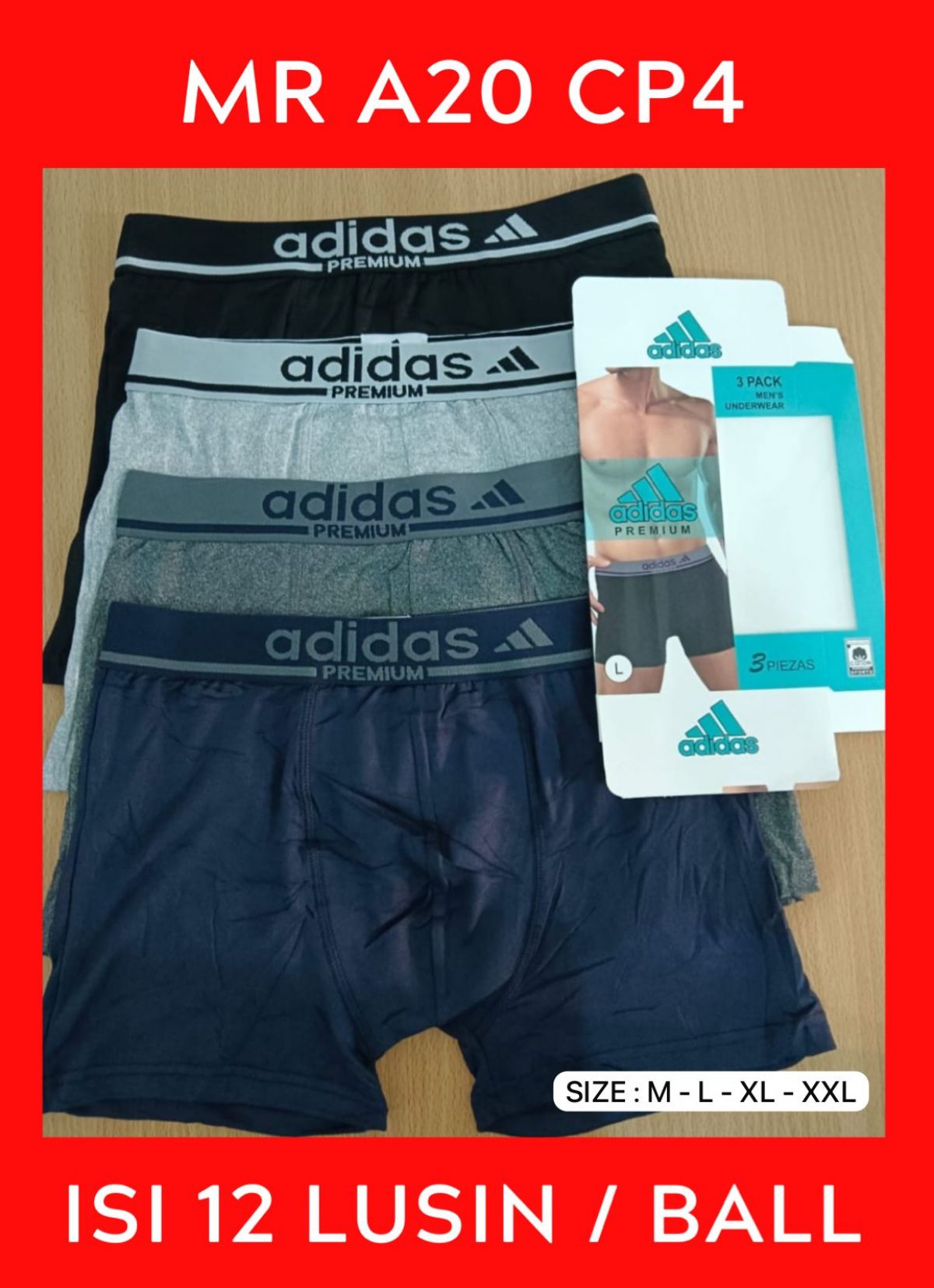 BOXER ADIDAS PREMIUM MR A20 CP4 SIZE M-L-XL-XXL ISI 12 LUSIN