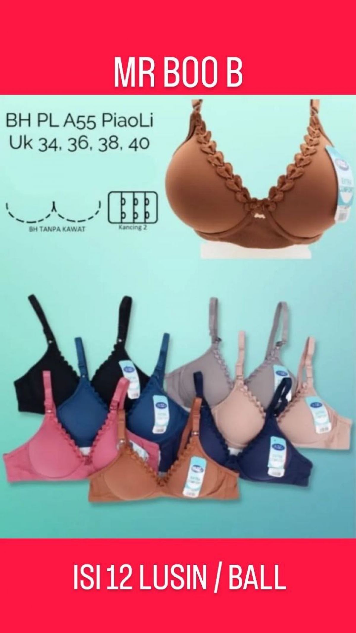 BH TANPA KAWAT MR B00 B SIZE 34 - 40 ISI 12 LUSIN