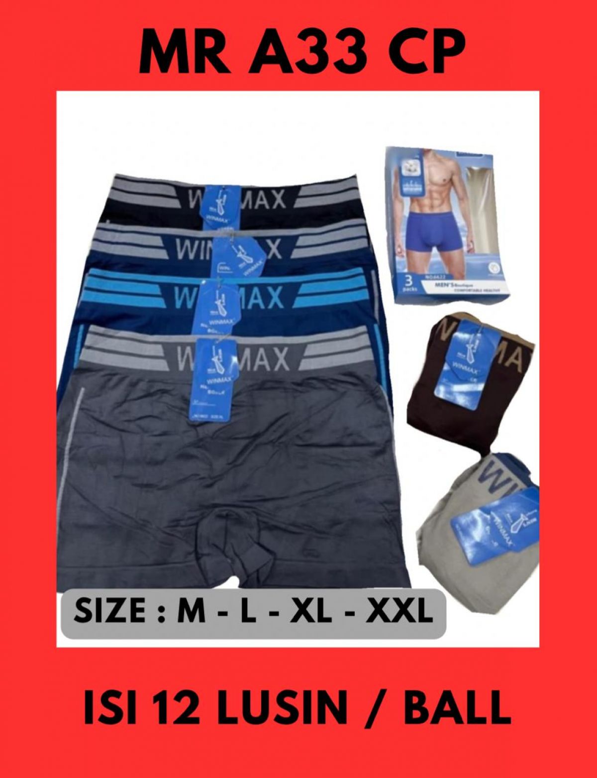 BOXER MR A33 CP SIZE M - L - XL - XXL ISI 12 LUSIN