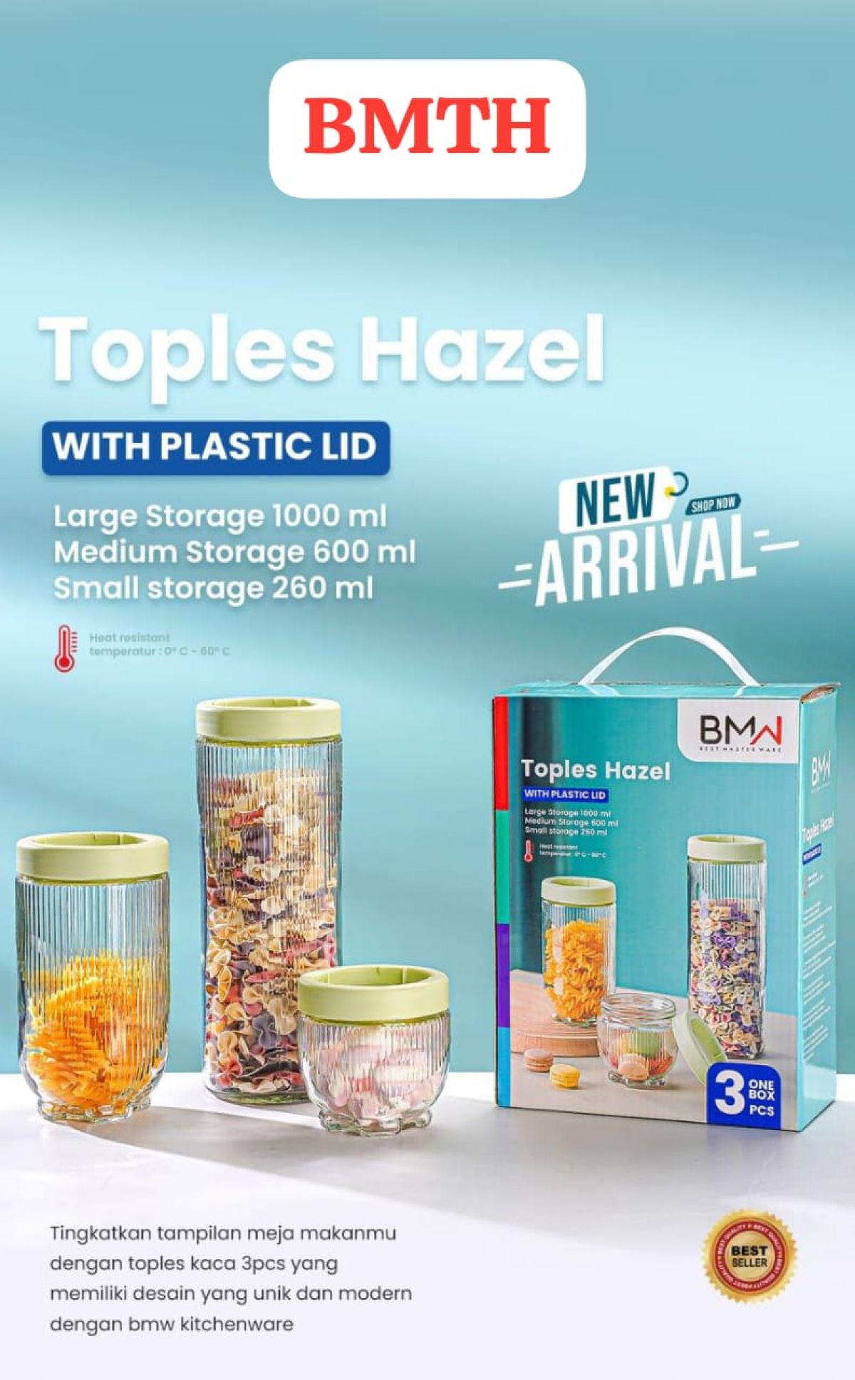 TOPLES HAZEL BMTH 3 ONE BOX LARGE 1000ML , MEDIUM 600ML & SMALL 260ML ISI 24 SET