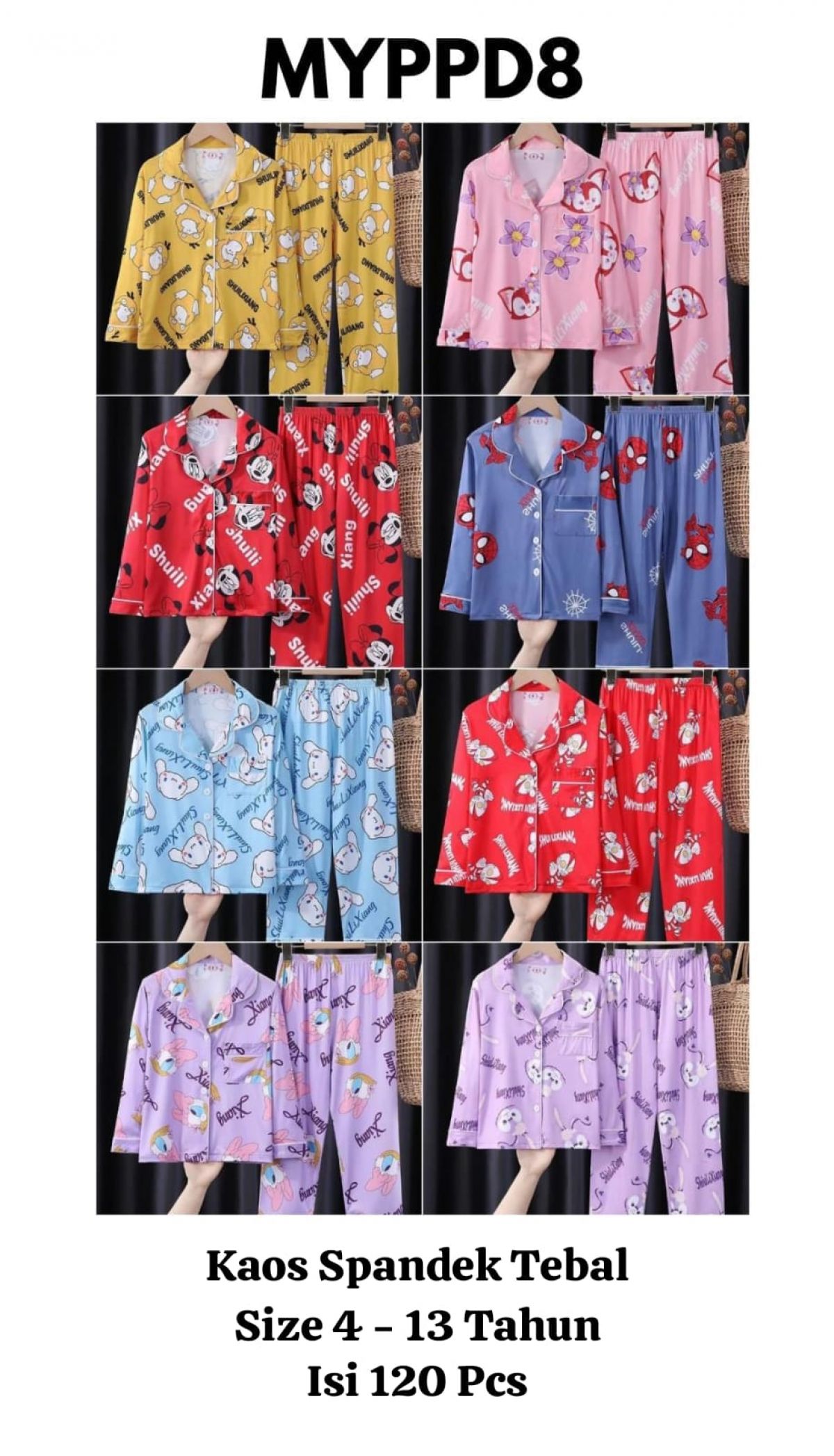 PIYAMA MYPPD8 PP KAOS SPANDEK TEBAL SIZE 4 - 13 TAHUN ISI 120 PCS