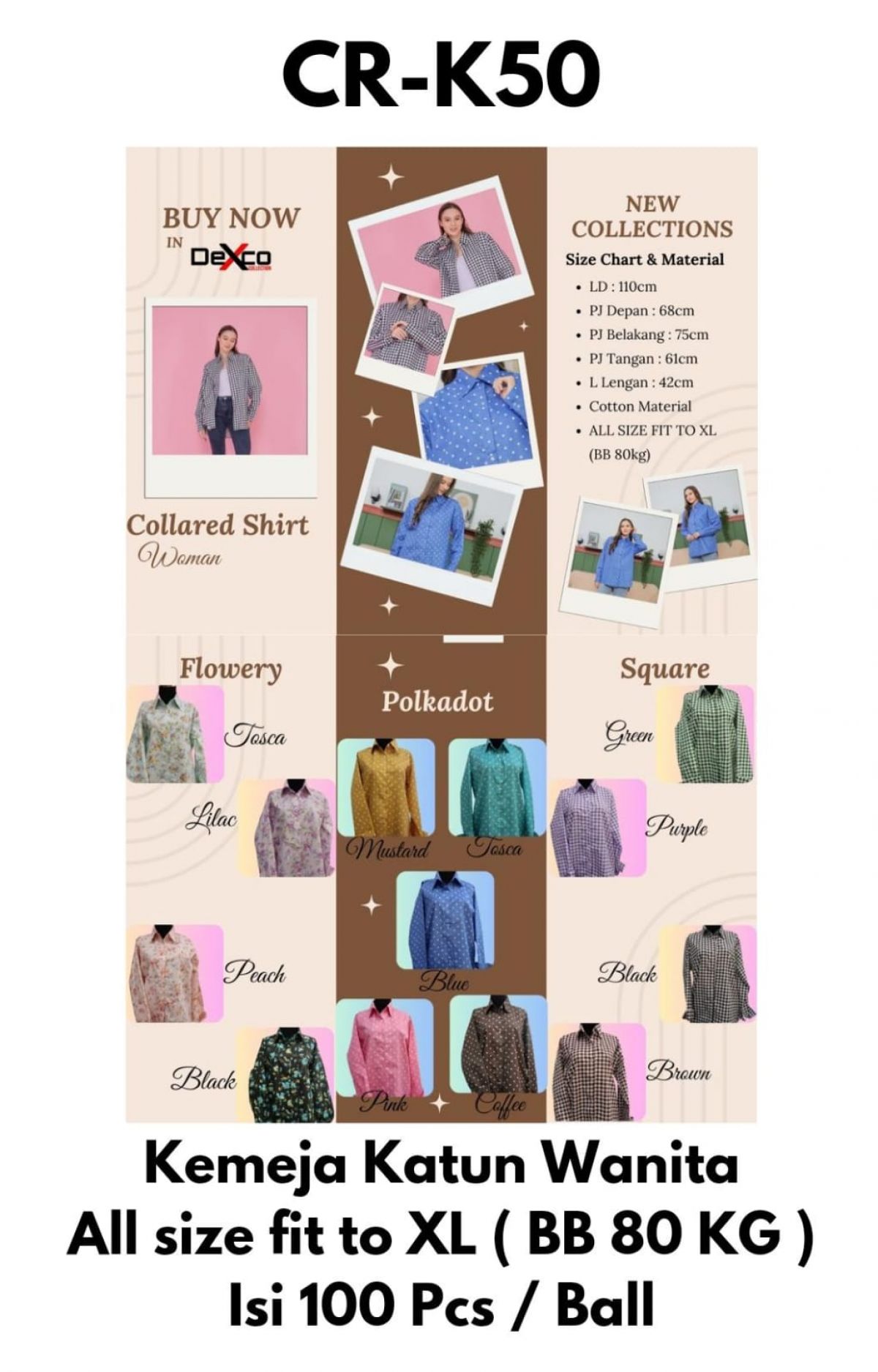 KEMEJA KATUN WANITA CR-K50 BAHAN KATUN SIZE FIT TO XL ISI 100 PCS