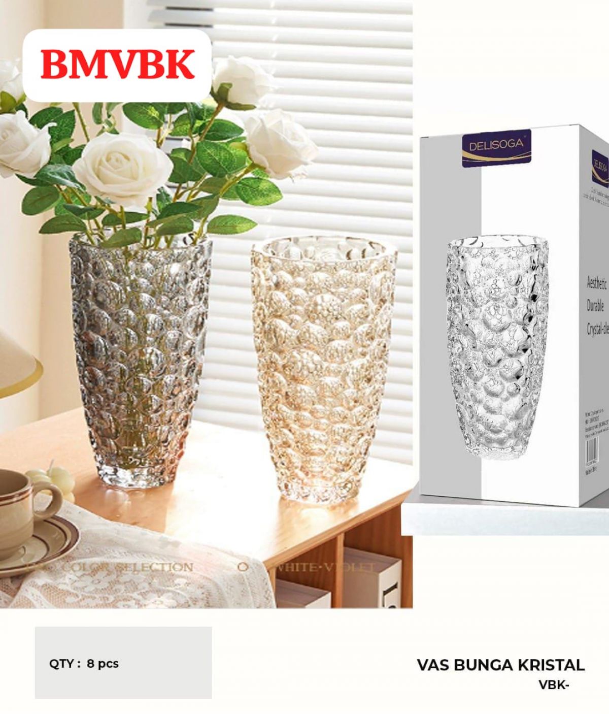 VAS BUNGA KRISTAL BMVBK TINGGI 25.5CM DIAMETER 10CM ISI 8 PCS