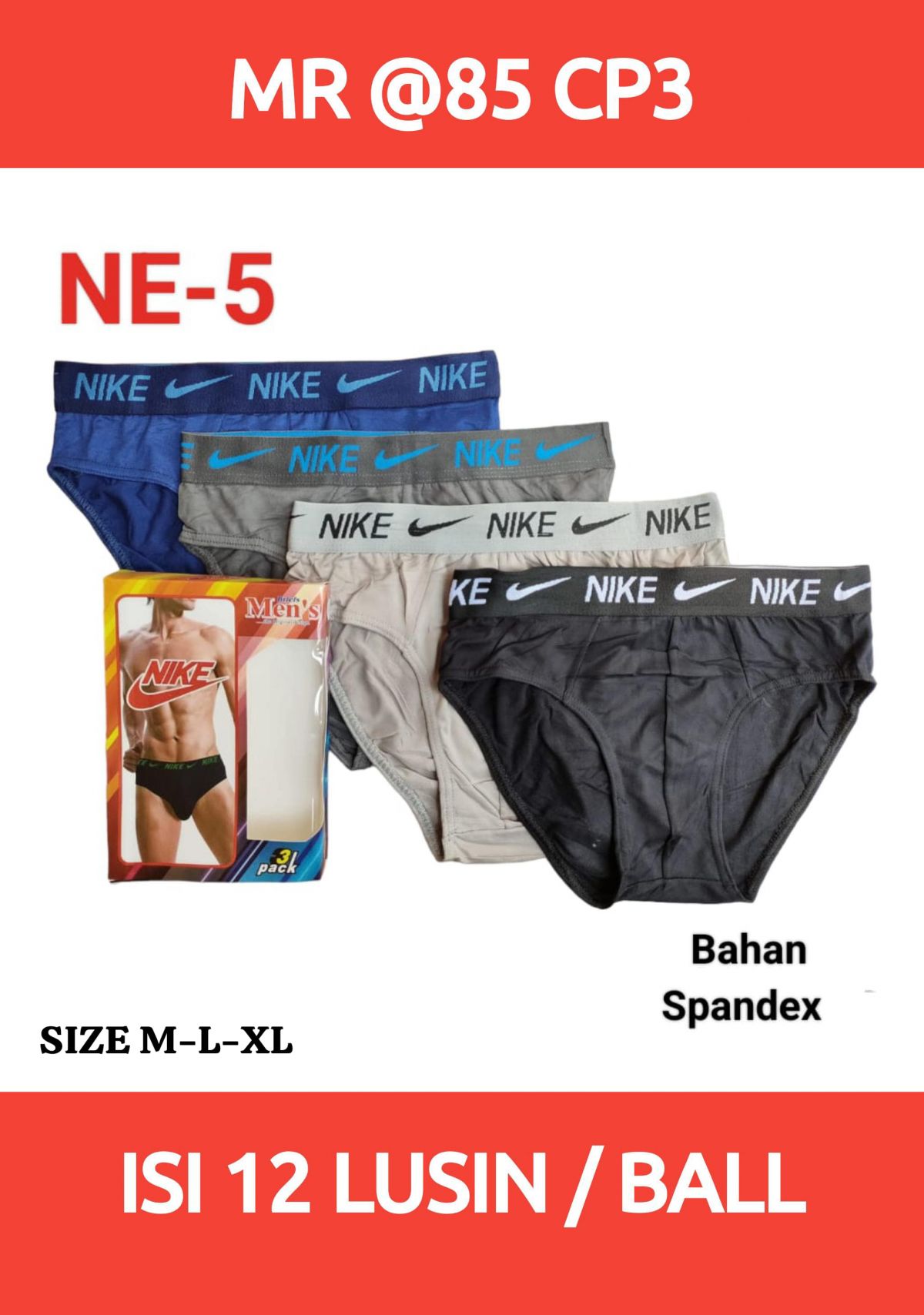 CELANA DALAM MR @85 CP3 SIZE M-L-XL BAHAN SPANDEK ISI 12 LUSIN
