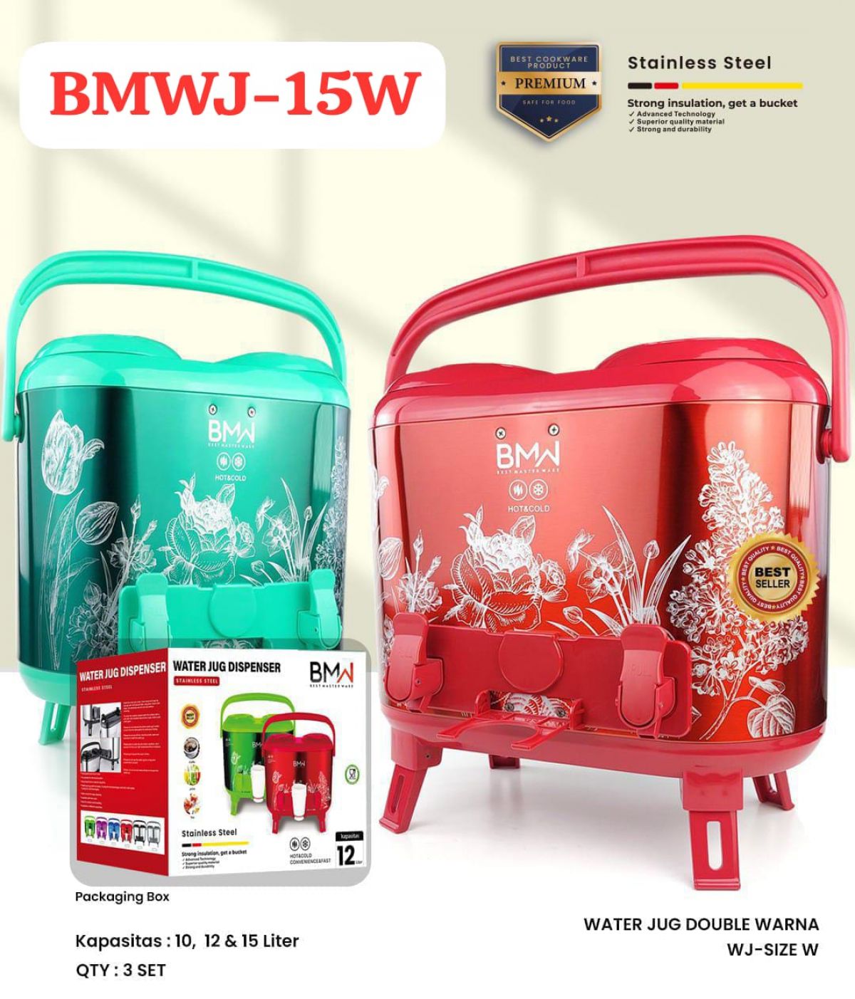 DOUBLE DISPENSER WATER JUG WARNA BMWJ-15W SIZE 15 LITER ISI 3 SET