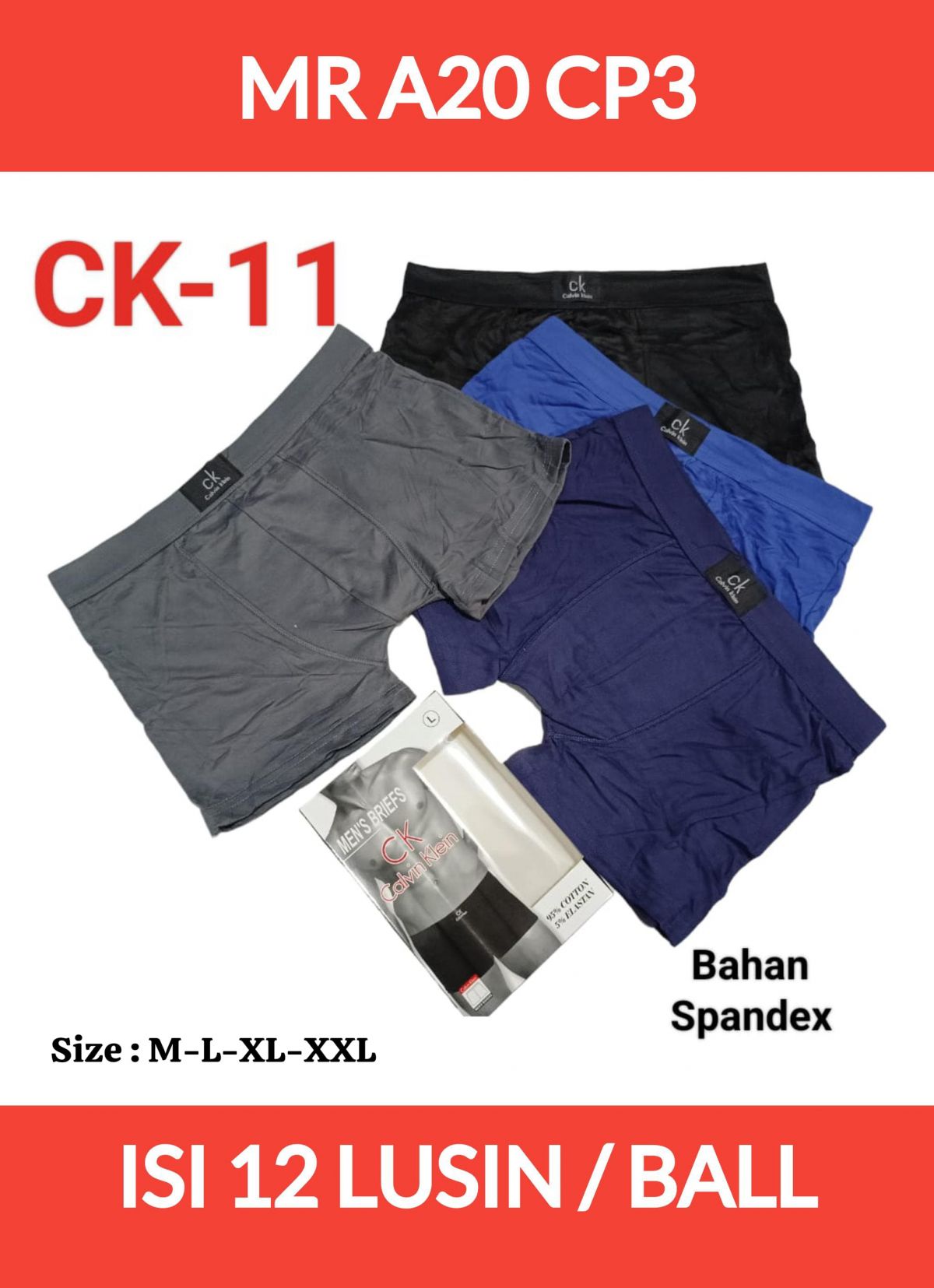 BOXER PRIA MR A20 CP3 BAHAN SPANDEK SIZE M-L-XL-XXL ISI 12 LUSIN