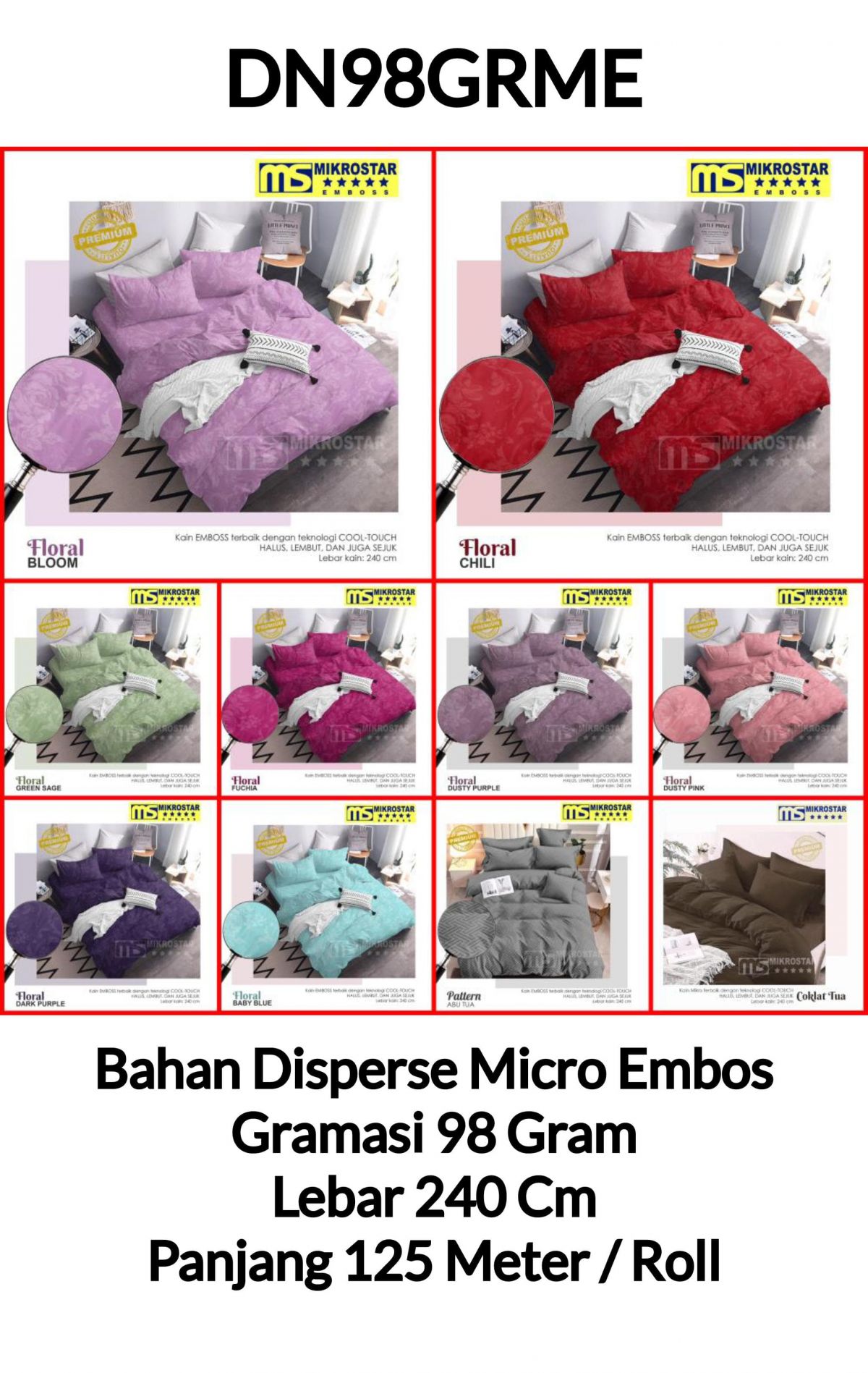 BAHAN SPREI DISPERSE MICRO EMBOS DN98GRME LEBAR 240CM GRAMASI 98 GRAM PANJANG 125 METER